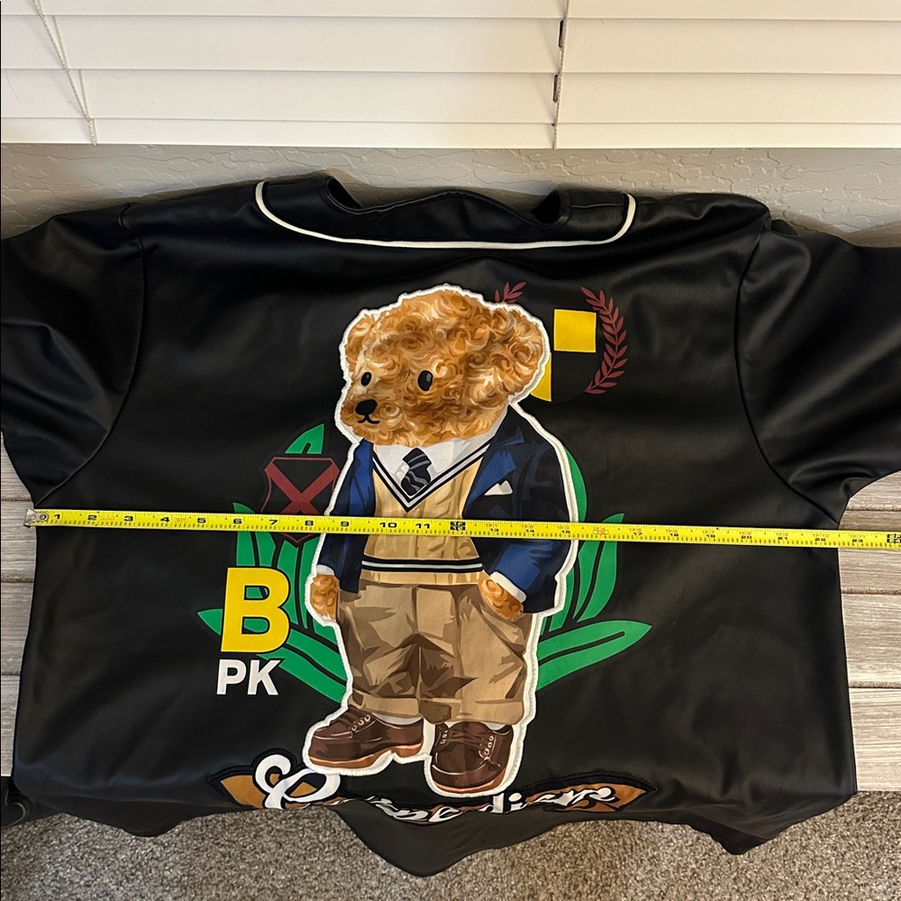 Black Pike Faux Leather Teddy Bear Baseball Jersey Carpe Diem Streetwear Size M - Picture 9 of 9